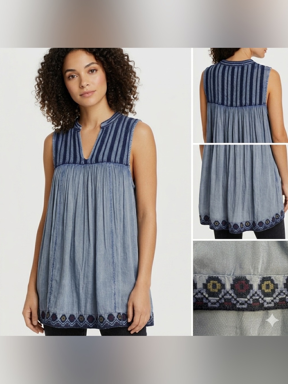 Rachel Zoe Sleeveless Blue Striped Embroidered Tunic